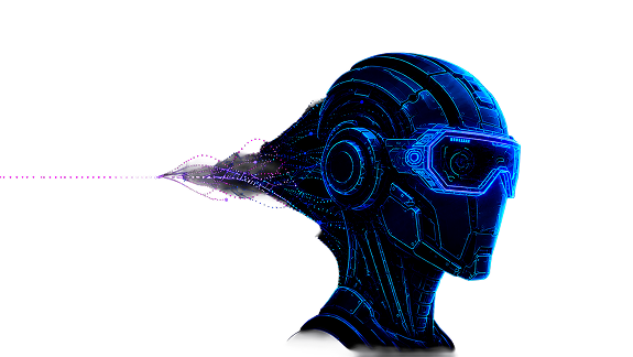 Futuristic blue digital humanoid head in side profile on a black background, featuring illuminated circuit-like details and a visor interface. Purple and blue data streams extend from the back of the head, representing artificial intelligence, data processing, and digital connectivity.