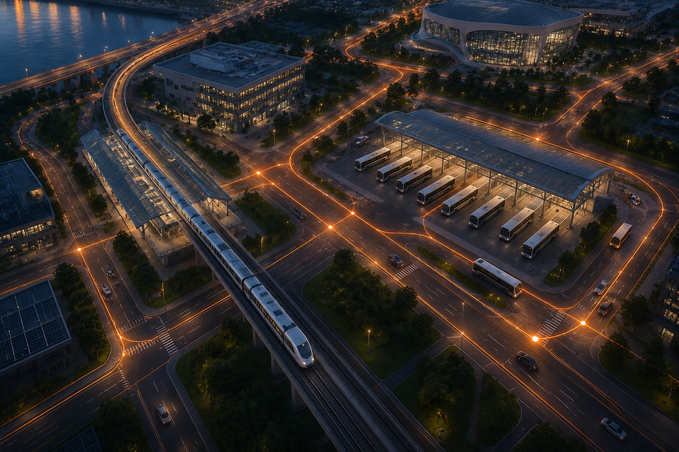Smart city with connected bus stops and a train on the tracks.