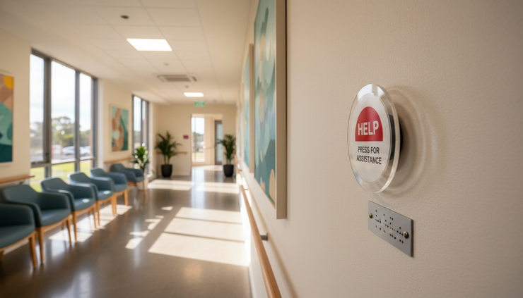 Wide-angle view of a hallway in a community support centre with a visible help bell on the wall.
