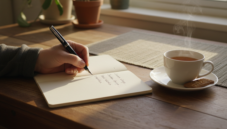 Close-up of a hand writing notes in a simple notebook at a kitchen table.