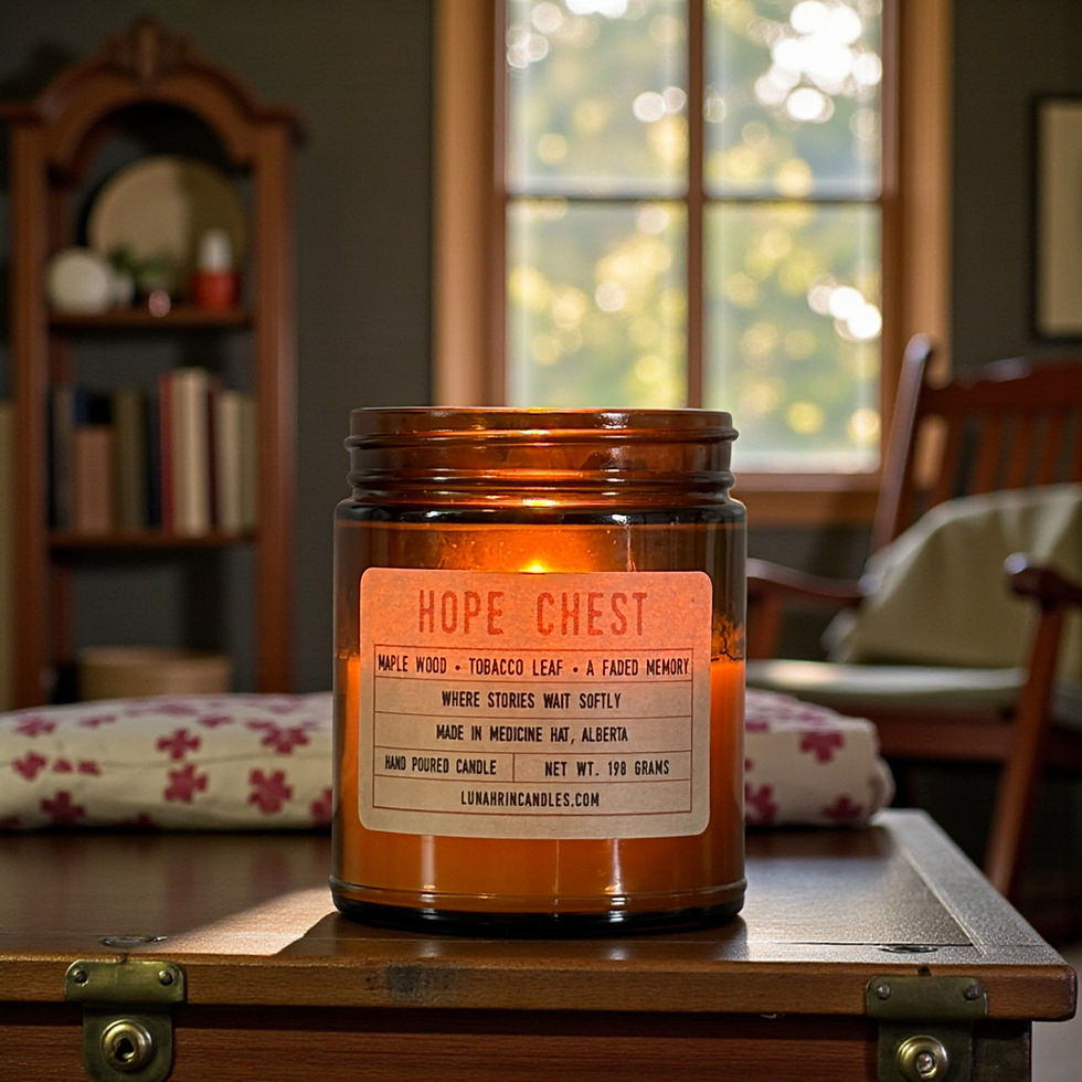 Hand-poured Hope Chest candle in amber glass jar, evoking warmth, memory, and the feeling of finding something kept safe