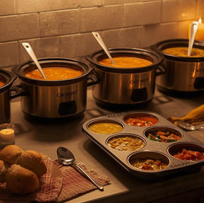 Six crockpots of soup on a kitchen counter with ladles, a six-cup muffin tin filled with different soups, buns, toppings, and warm candlelight