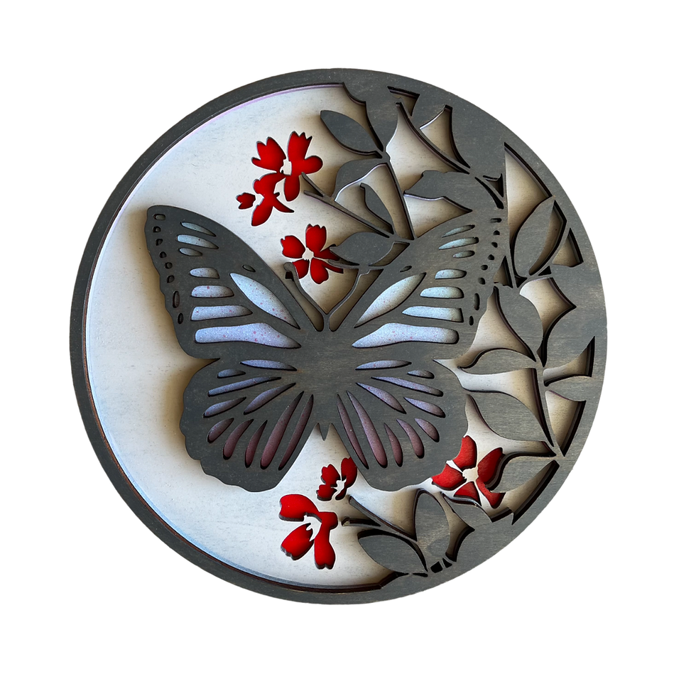 Thumbnail: Layered Wood Butterfly Wall Art, Colorful Floral Decor, Laser Cut Nature Piece
