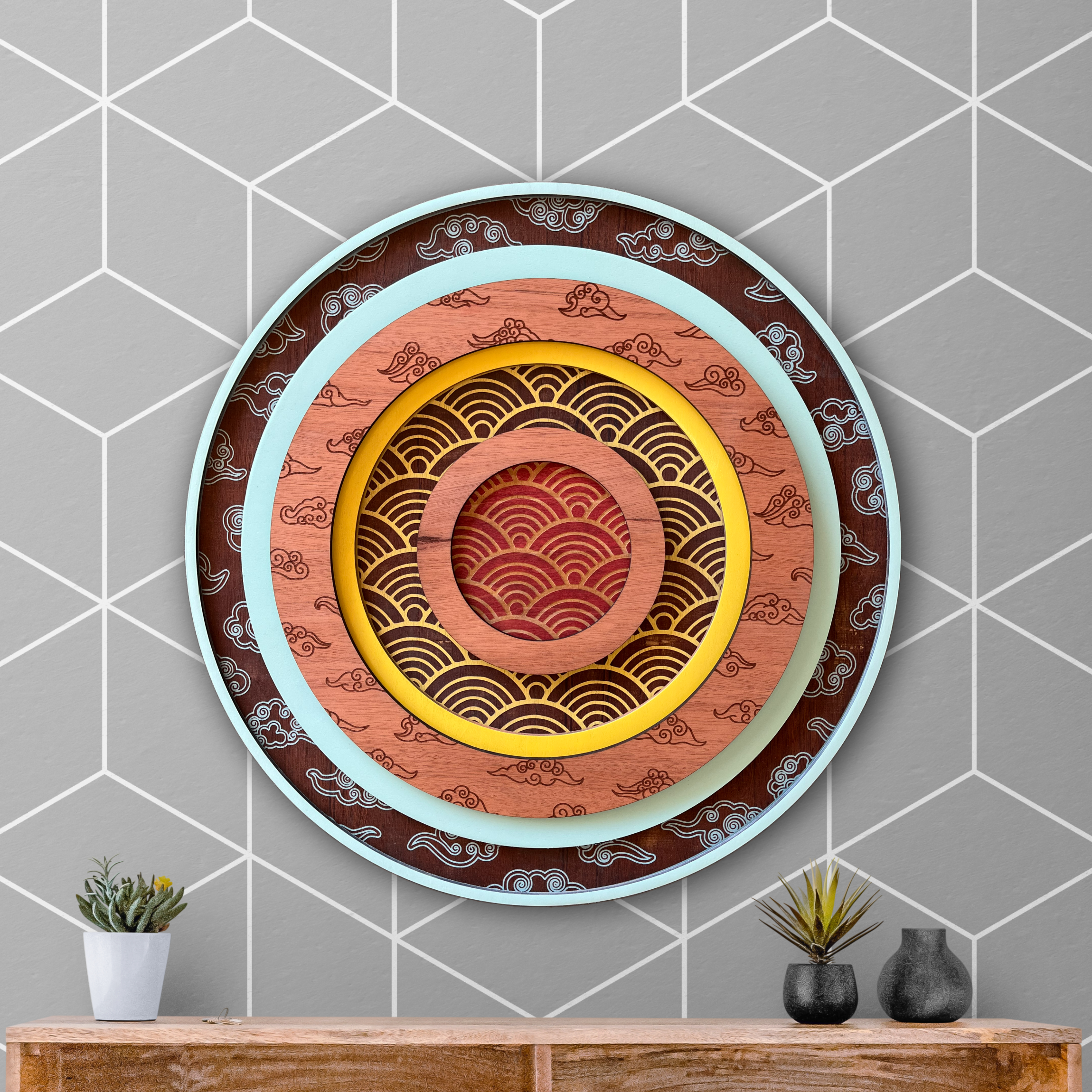 Colorful round wall art from Light House Laser Art.