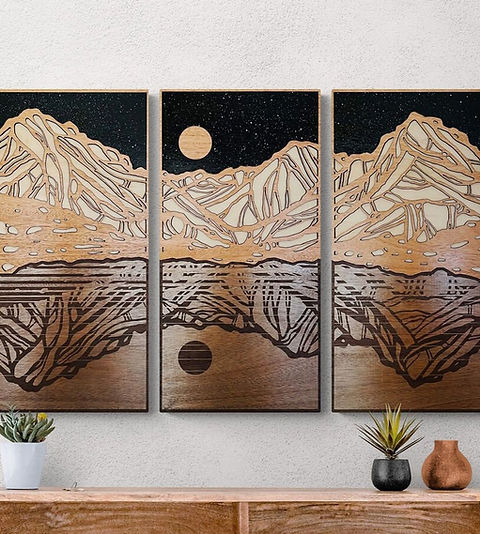 Mountain Triptych Wood Wall Art - 3D Laser Engraved Rustic Home Decor