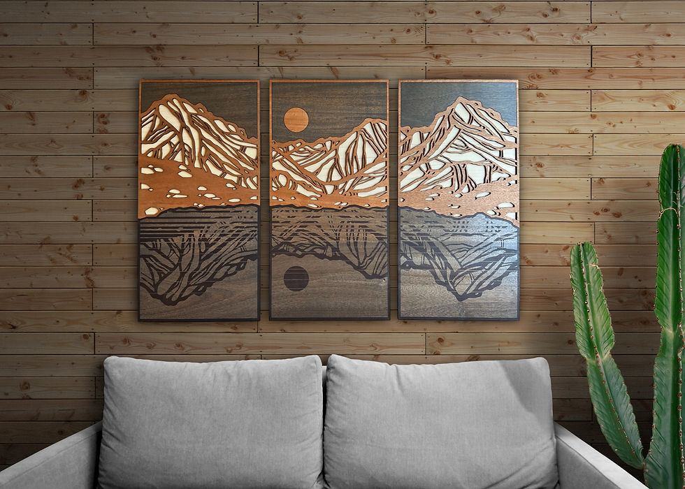 Thumbnail: Large Mahogany Mountain triptych hanging in a living room.