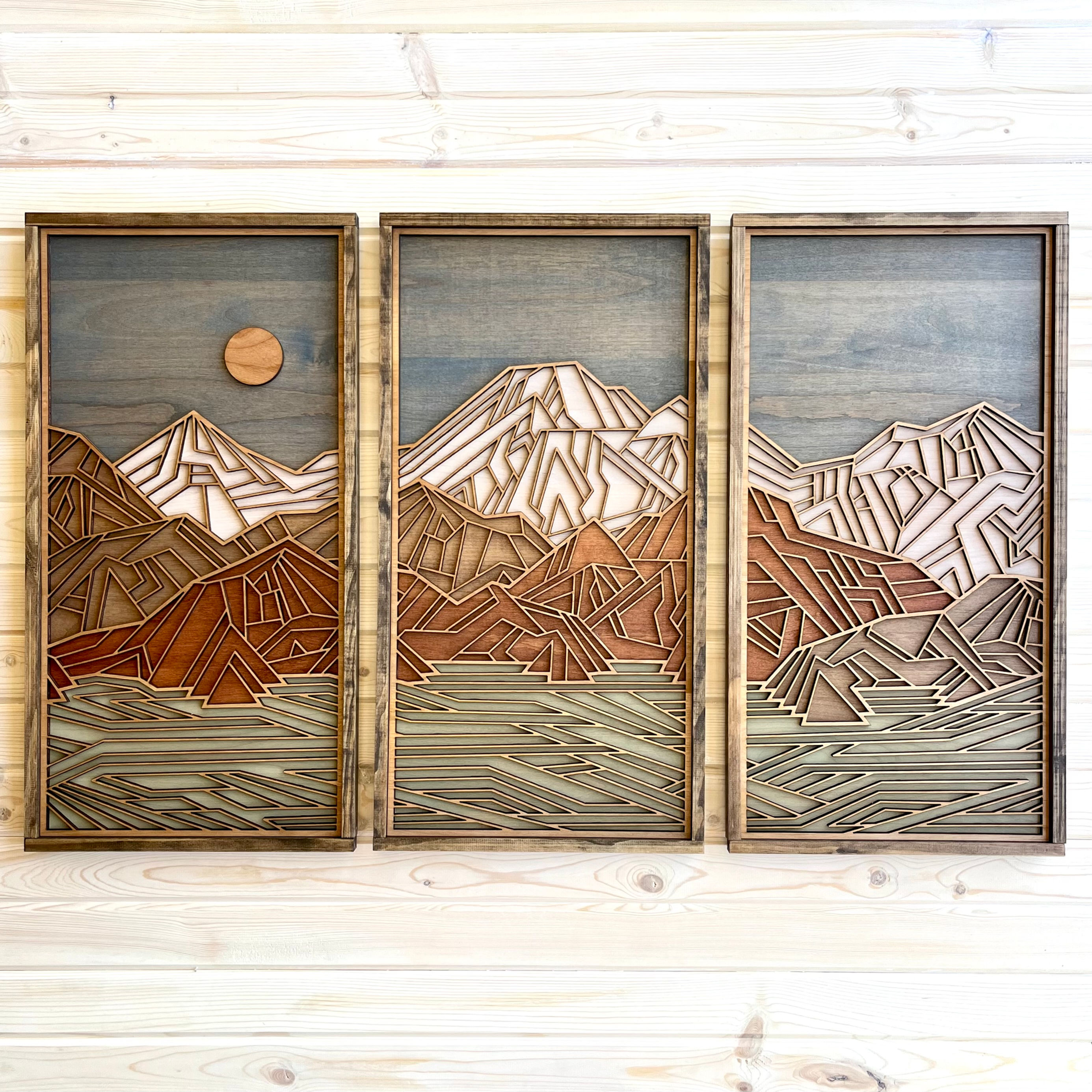 Geometric Mountain Wall Art Triptych. 3 panel rustic decor set.