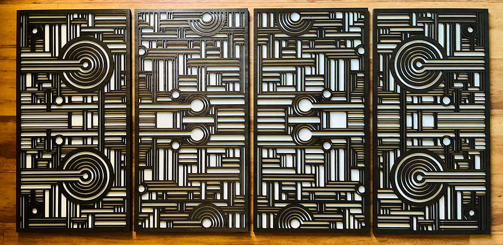 Thumbnail: 4 panel laser cut wood decor featuring complex art deco design.