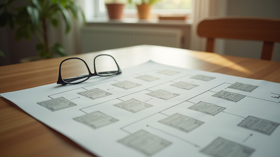 Eye-level view of a family tree diagram on a wooden table