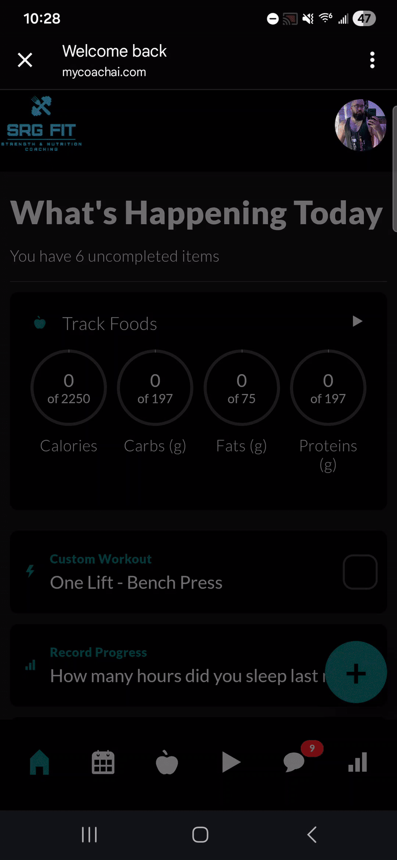 Dashboard interface showing daily tasks, nutrition tracking, and strength exercises