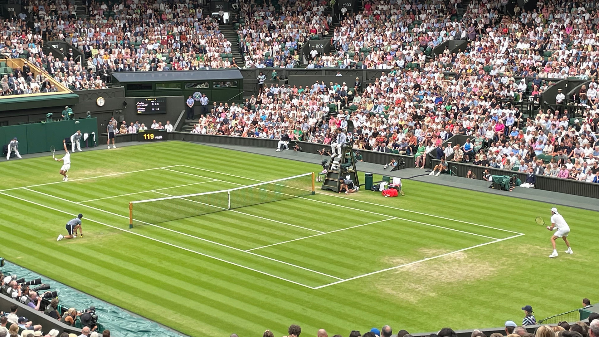 Centre Court, Wimbledon. Alcarez mid serve!