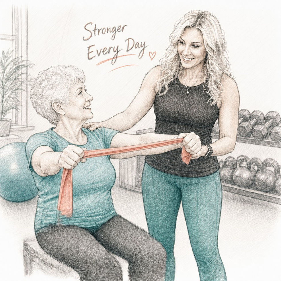 Older woman using a resistance band with a trainer in a gym; wall text reads Stronger Every Day, with a supportive smile.