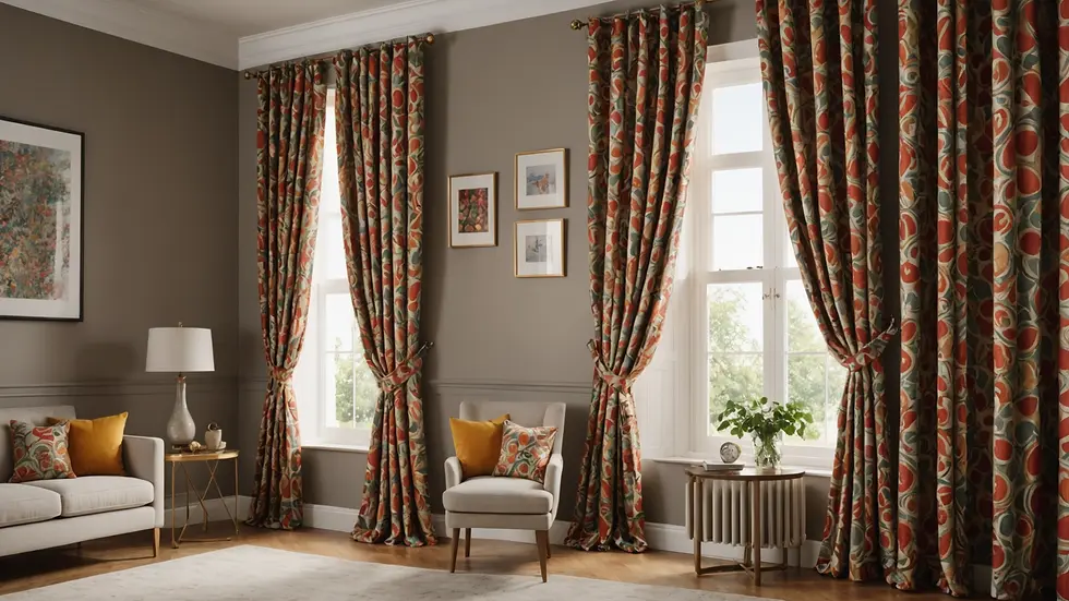 Eye-level view of a room featuring bold patterned curtains