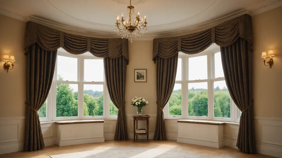 Eye-level view of shaped curtain tracks installed in a bay window