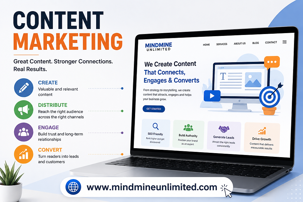 Content marketing strategy by Mindmine Unlimited showing content creation, distribution, audience engagement, lead generation, SEO-friendly content, brand authority, and business growth.