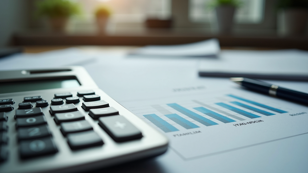 High angle view of a calculator and financial documents on a desk