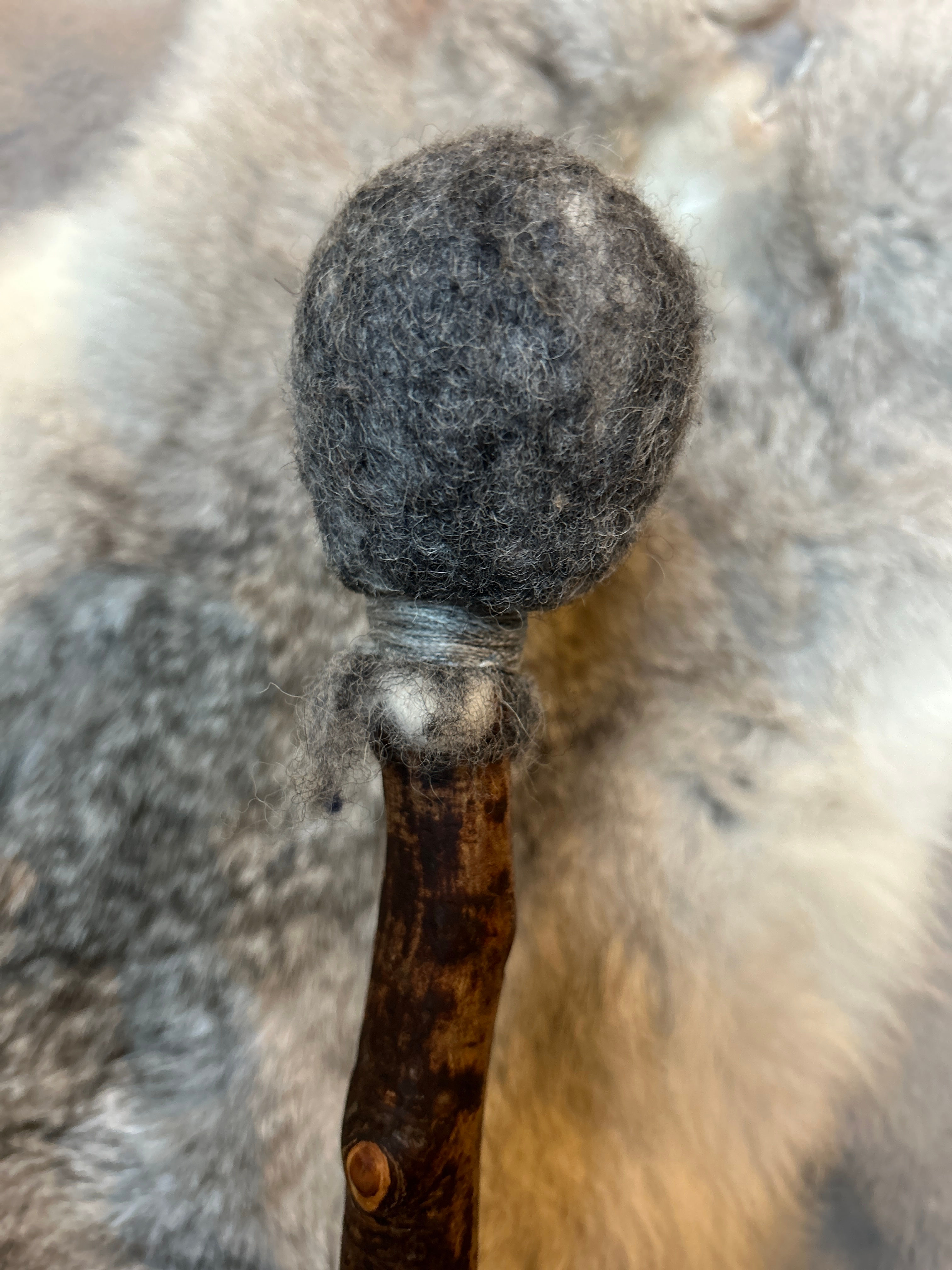 grey wool felted shamanic drum beater