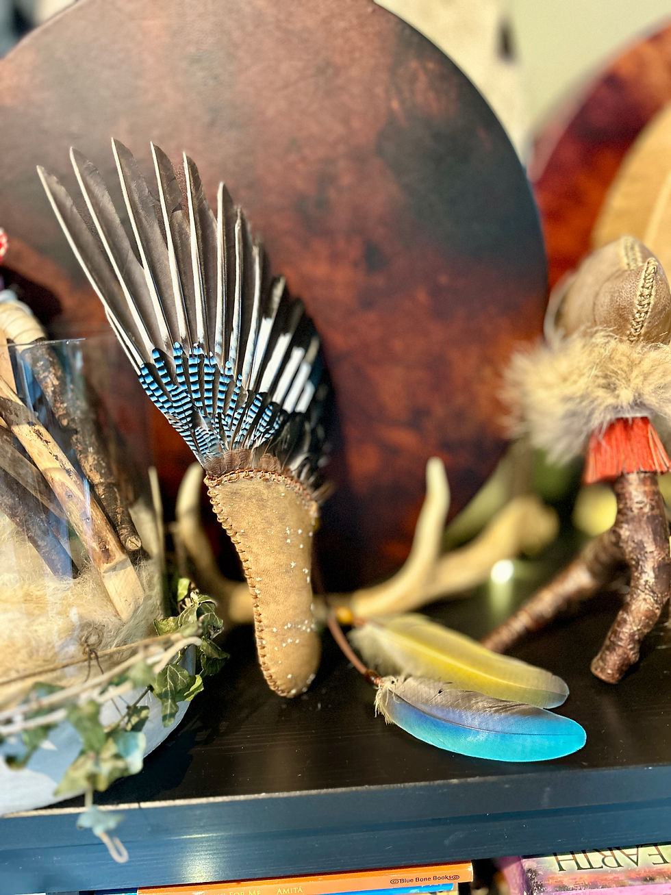 Thumbnail: Jay wing on a horse hide handle with two macaw feathers
