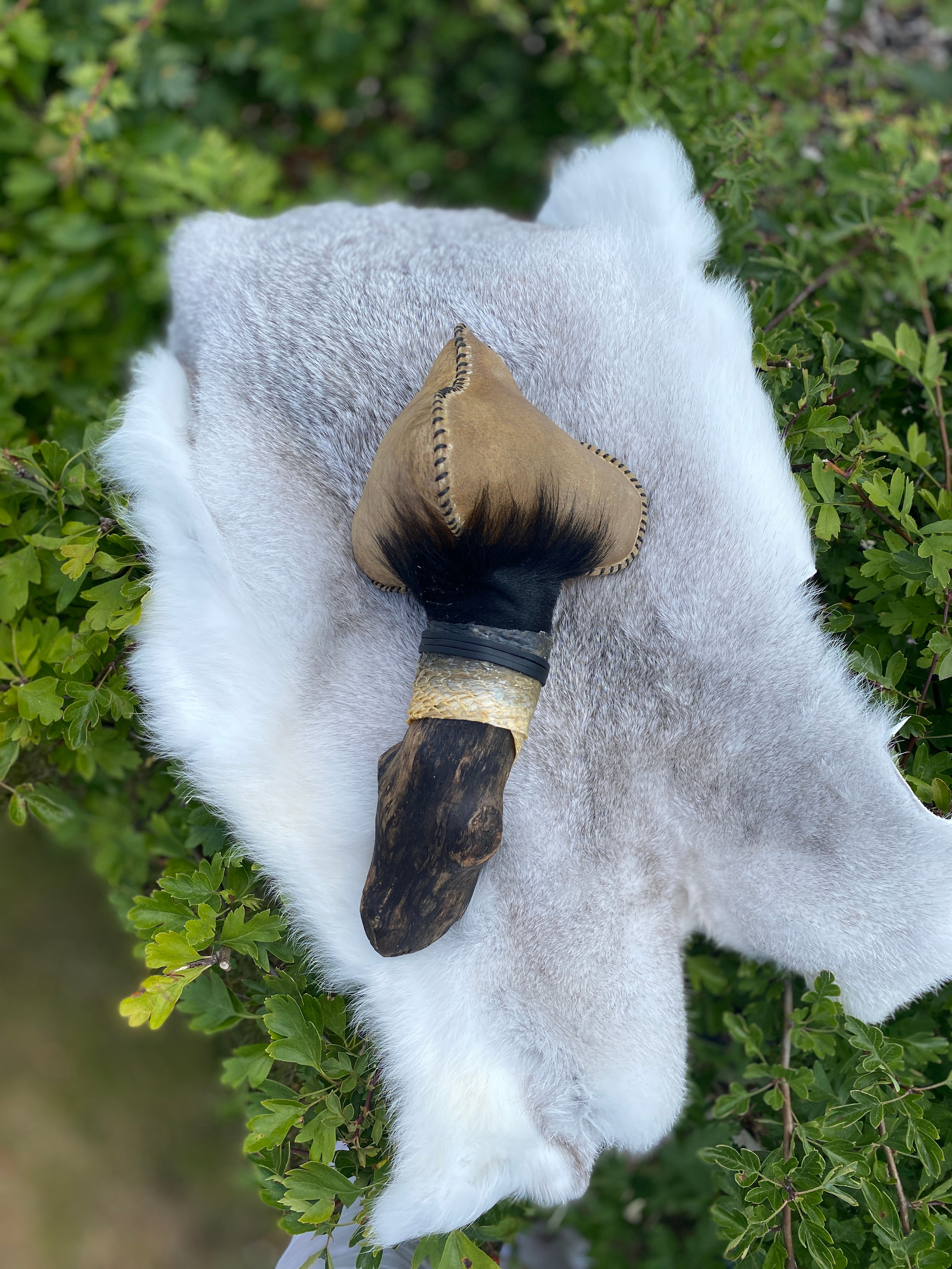 Bison hide, shamanic rattle for sale