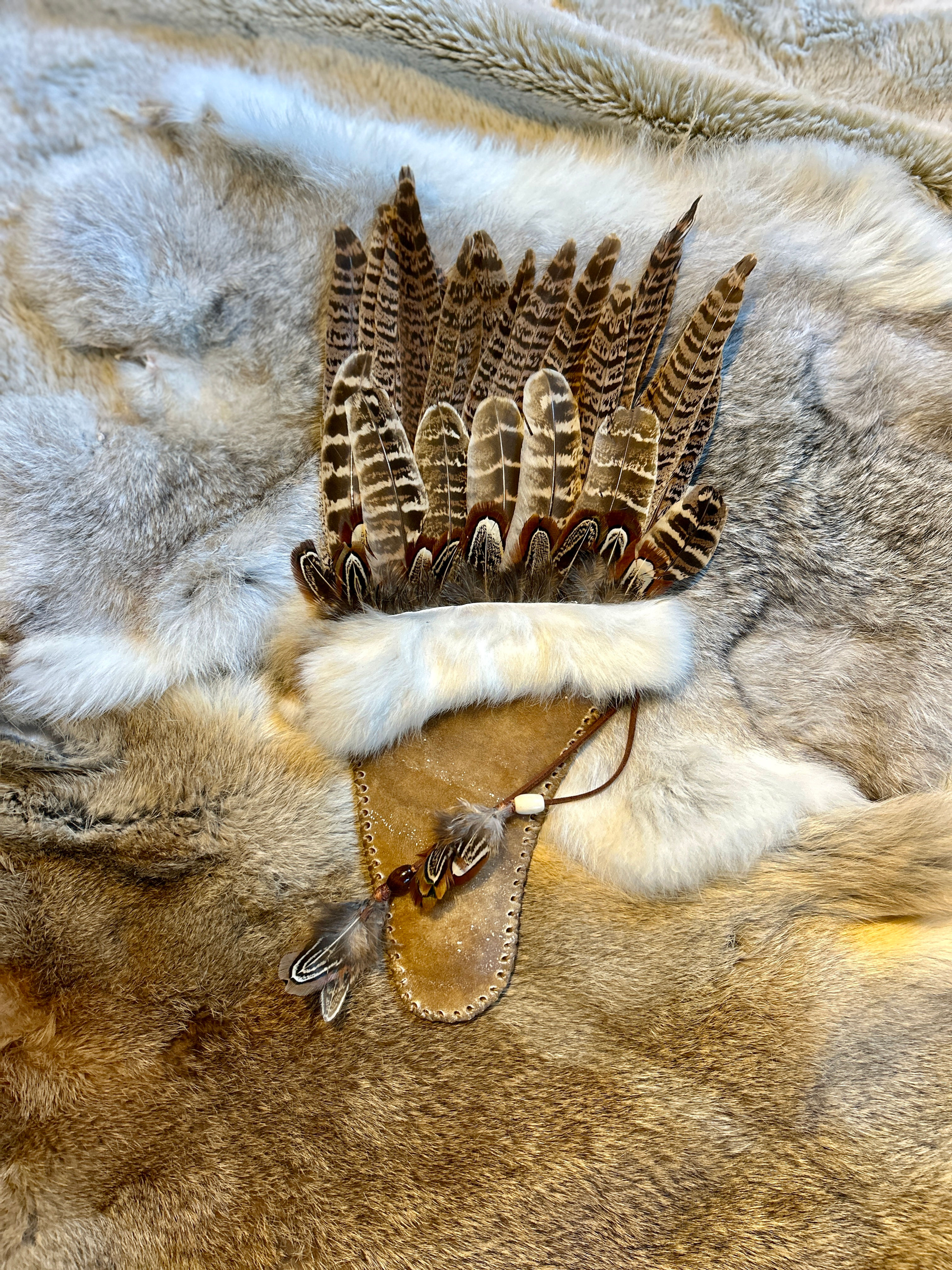 Horse hide and pheasant feather smudge wand with rabbit fur trim