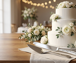 Elegant wedding cake serving set displayed beside a decorated white wedding cake