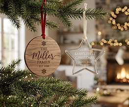 Personalized wooden ornaments engraved with the Miller family name and first Christmas message