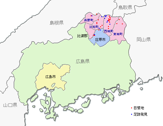 A map of hibagon sightings around Mt. Hiba
