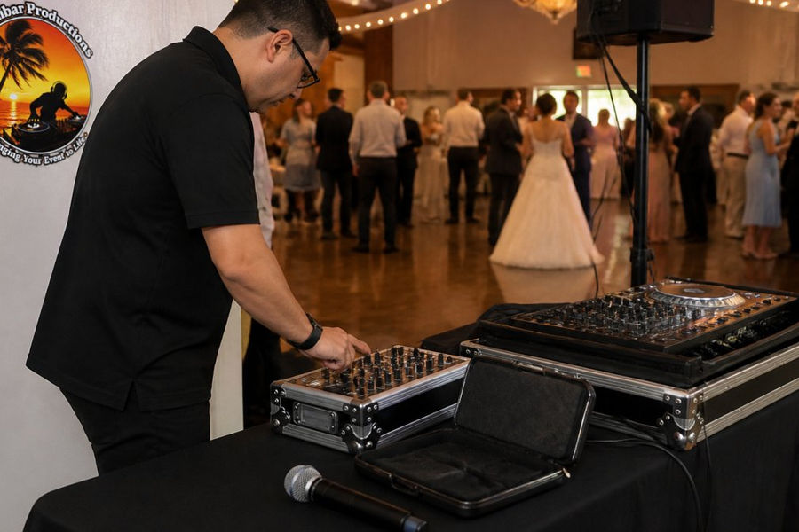 A wedding DJ at a reception checking a backup mixer and spare microphone on a side table beside the main sound system, with a lit dance floor and guests in the background