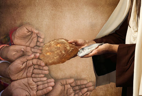 Jesus compartilha o pão e o peixe
