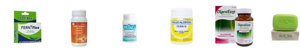 Various health products including bottles and boxes with labels "FERN Flex," "MilkCa," "FERN-D," "DigestEeze," and a green "AURORA" soap.