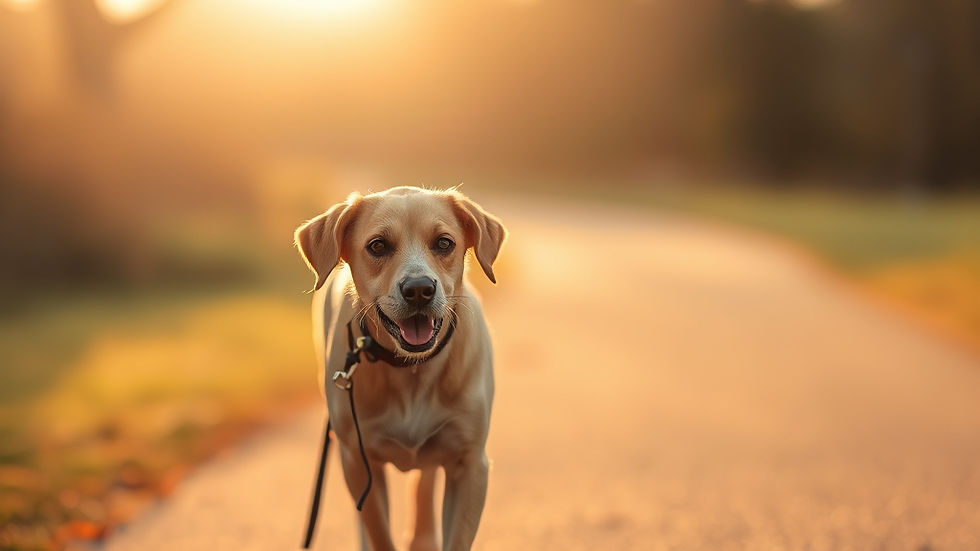 Warm, light image of a dog on a walk (overlay with a soft white gradient if text readabili