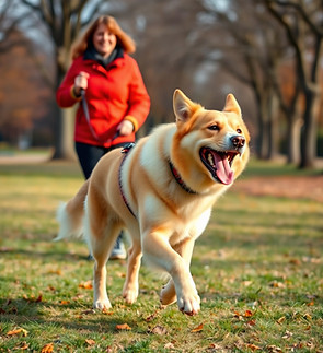 High-energy dog (e.g., golden retriever or husky) on a long walk in a local park with open