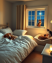 Show a cozy bedroom with soft lighting. A pet sitter sleeps peacefully in a guest bed whil