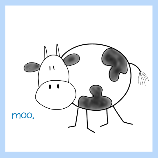 Cartoon cow with spots and the word moo. 8 Card Gift Set: Dymer Cow Notecards.