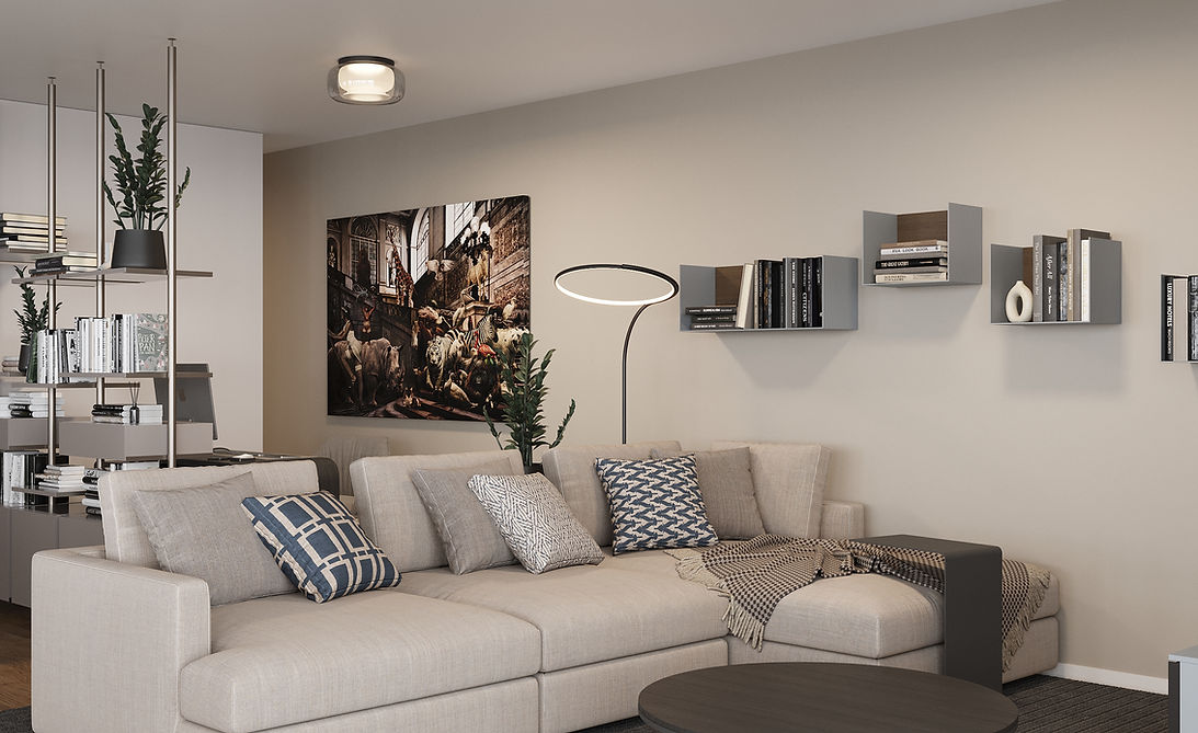 Wohnzimmer mit beigem Sofa, Dekokissen, Stehleuchte, Wandregale, grossem Bild mit Tieren, Zollikon