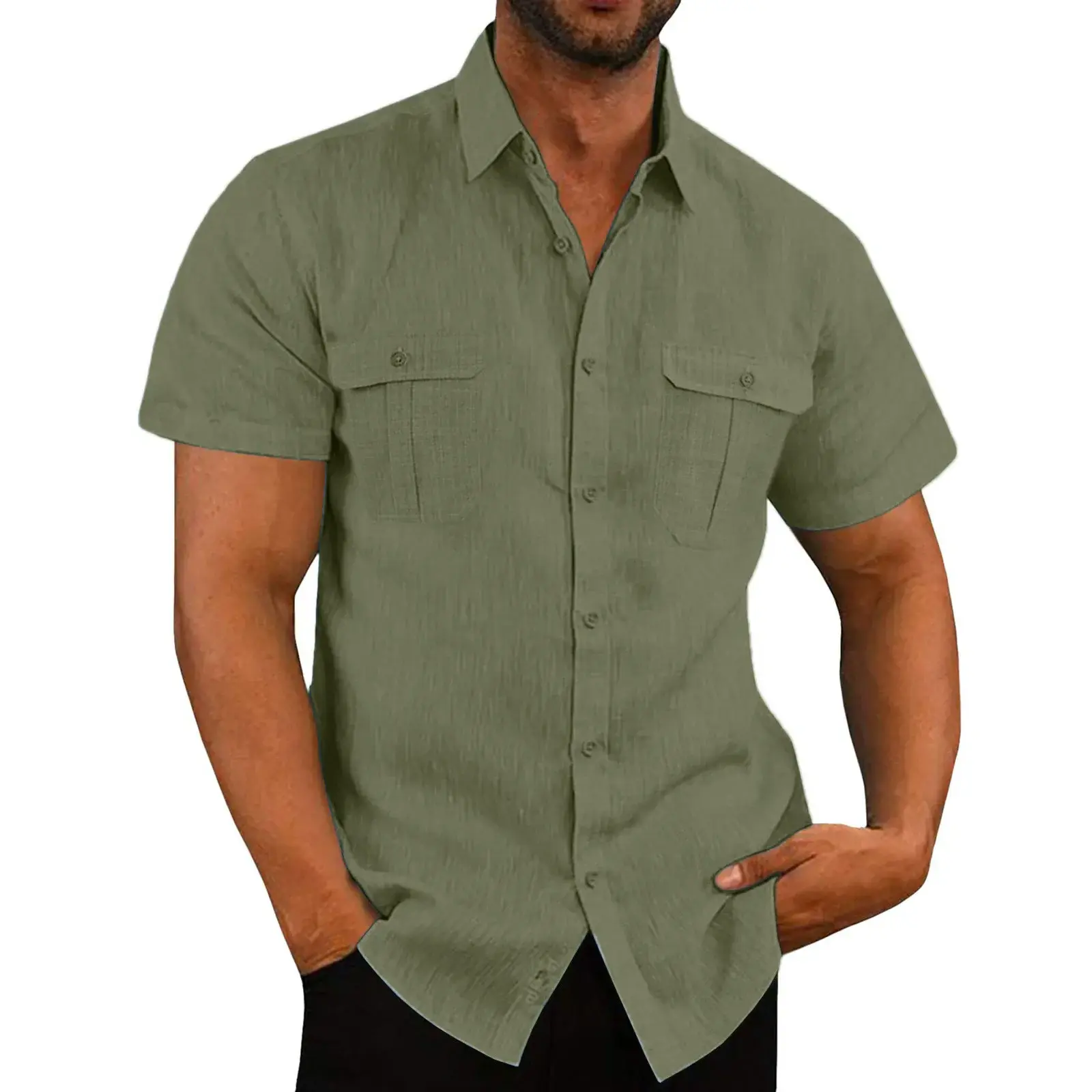 Men's Linen Hot Sale Men Short-Sleeved Shirts Summer Solid Color Comfort Collar