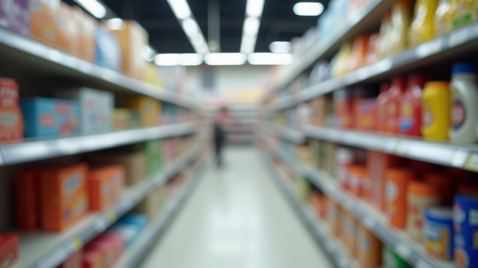 Close-up view of a retail store aisle with neatly arranged products