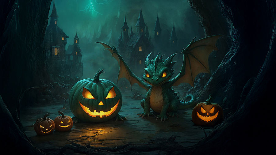 Cute baby dragon with glowing pumpkins on a spooky Halloween night