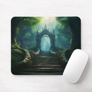 Fantasy art mouse pad featuring a moss covered steps leading to a portal in a mystical forest