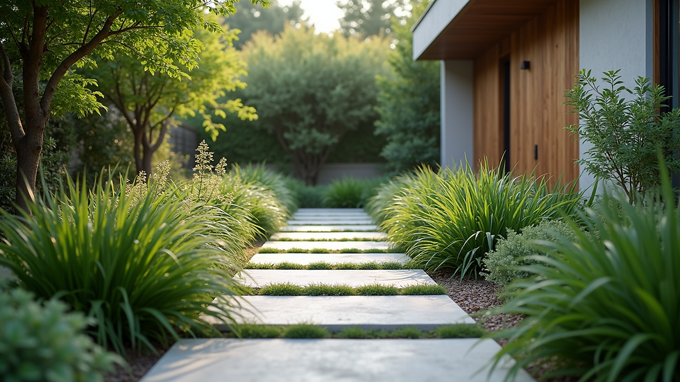 Wide angle view of a newly installed garden with stone pathway and plants