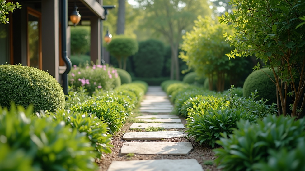 Eye-level view of a well-designed garden with a stone pathway and lush greenery