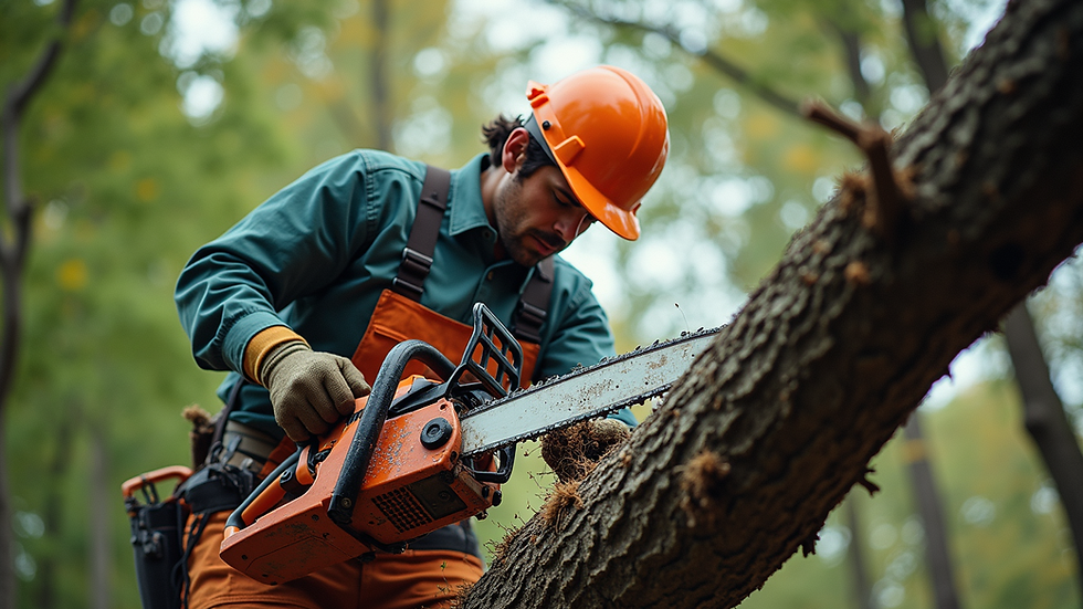 Wide angle view of a tree surgeon using a chainsaw to remove a large branch
