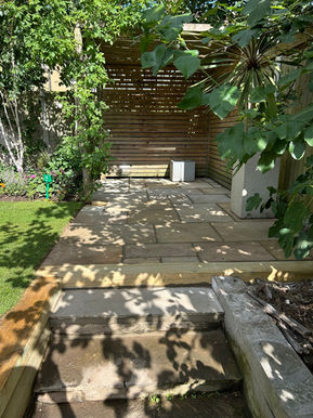 Sandstone patio lawn sleepers Westcliff