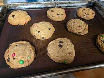 A picture of cupboard cookies - bits and pieces of leftover m&m's and chocolate chips to clear the cupboards.