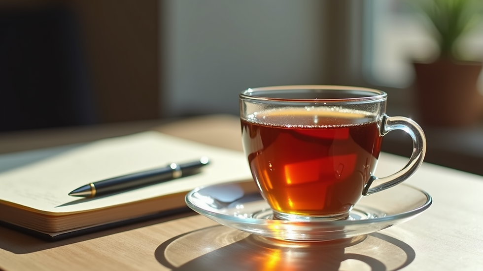 Close-up view of a cup of tea on a table next to a journal and pen