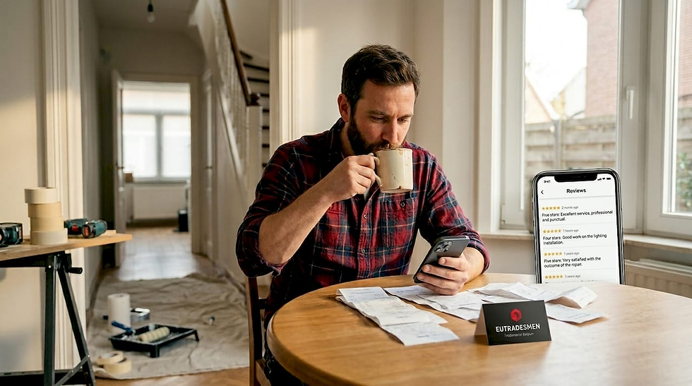 Handyman reading reviews at dining table