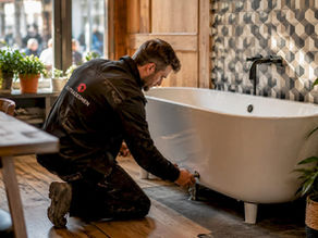 Partially installed bathtub in Belgian bathroom