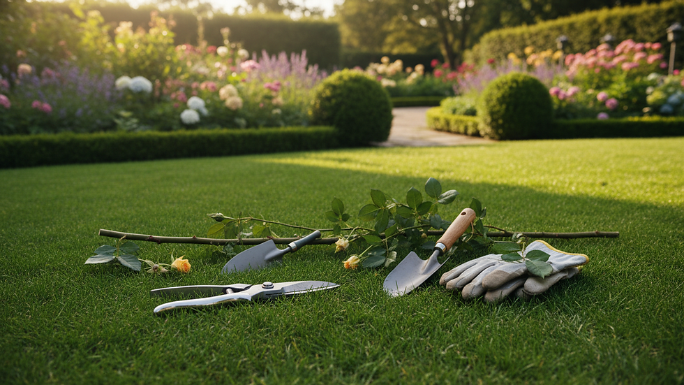 Close-up view of garden tools and freshly cut branches on a clean lawn