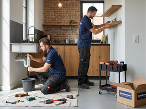 Handyman repairs kitchen sink and installs shelves