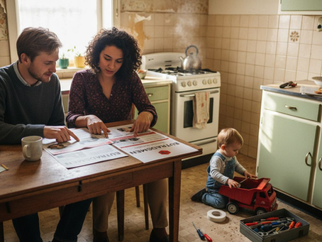 Expat family reviews home repair guides in kitchen